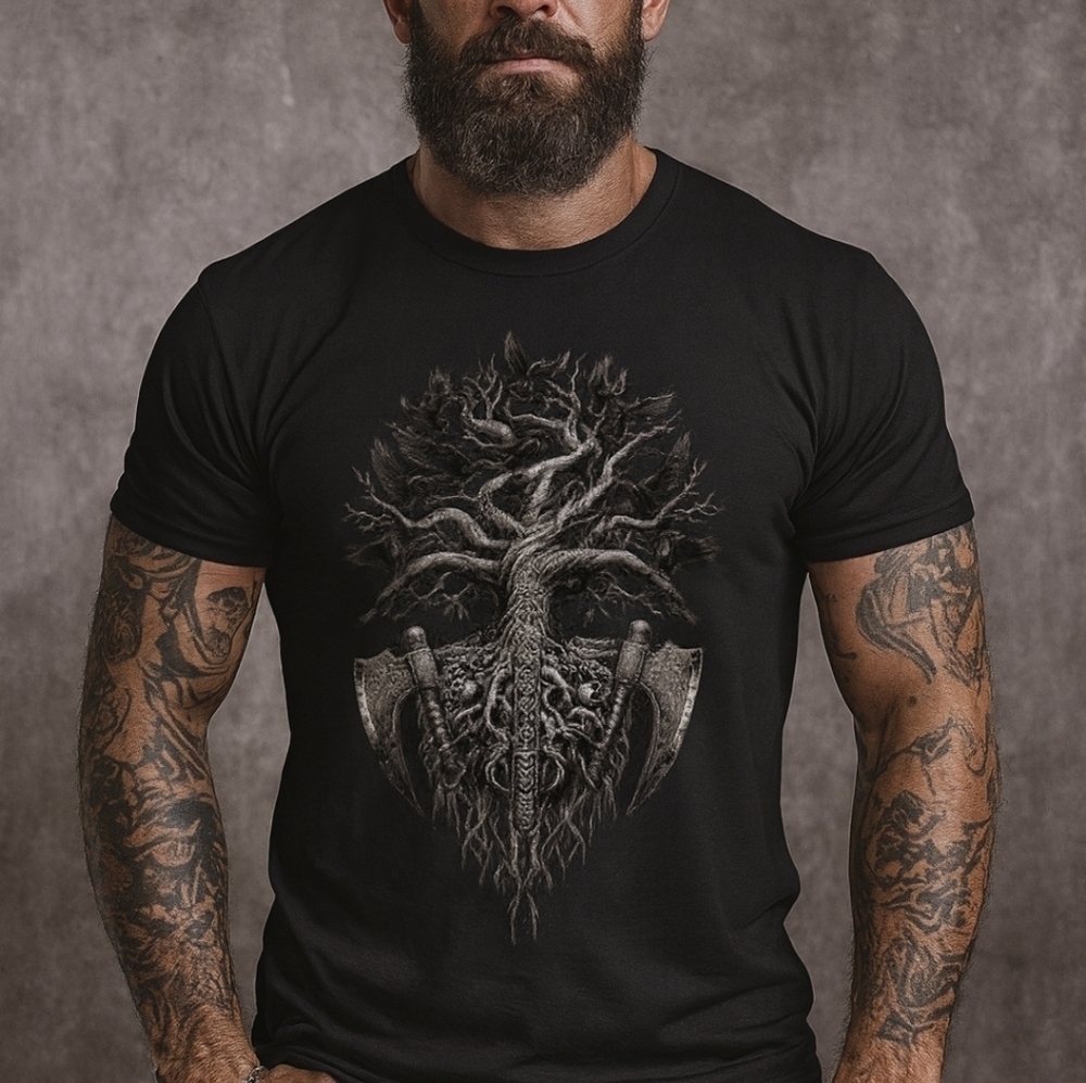 Viking Yggdrasil Tree Shirt • Norse Raven Axe Tee • Nordic Warrior Graphic - Picture 9 of 13